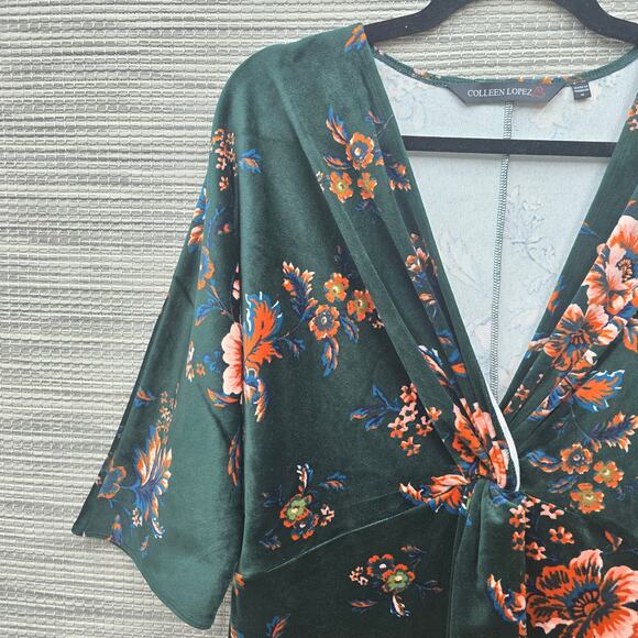 Colleen Lopez Dress Womens Medium Green Velour Floral Coquette Boho Cottagecore - Picture 3 of 6